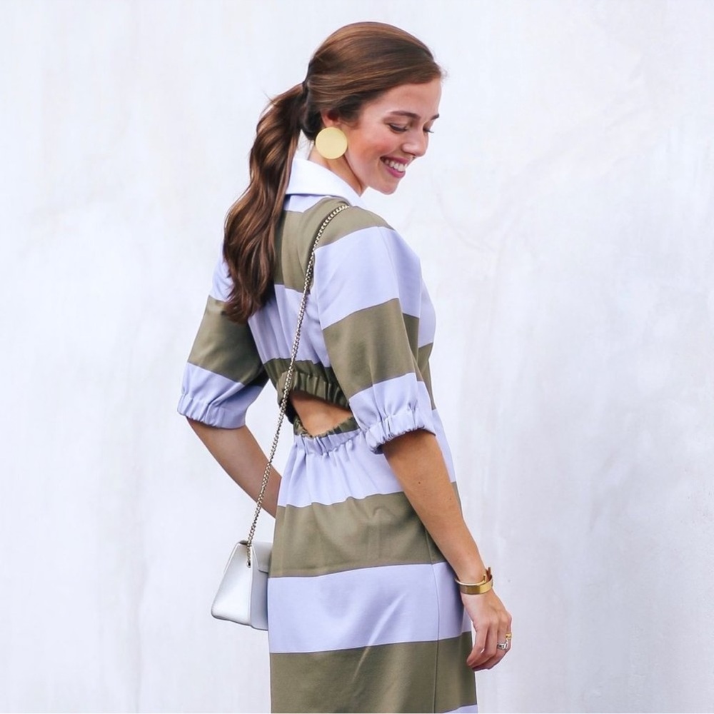 Tibi | Olive Lavender Colorblock Striped Rugby Back Cutout Dress - Picture 3 of 11